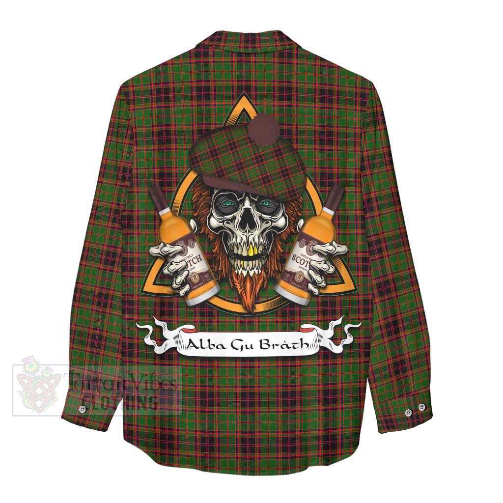 Tartan Vibes Clothing Buchan Tartan Women's Casual Shirt with Family Crest and Bearded Skull Holding Bottles of Whiskey