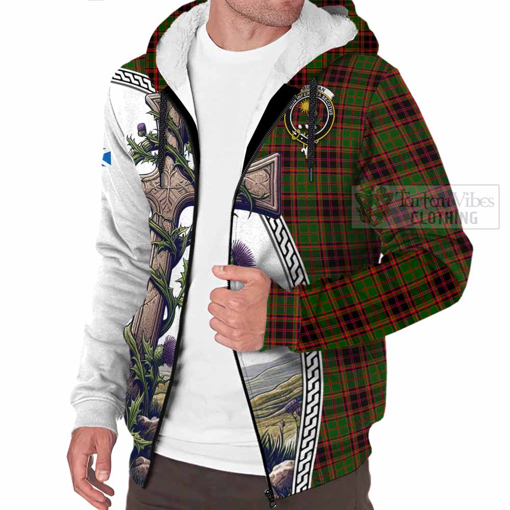 Tartan Vibes Clothing Buchan Tartan Sherpa Hoodie with Family Crest and St. Andrew's Cross Accented by Thistle Vines