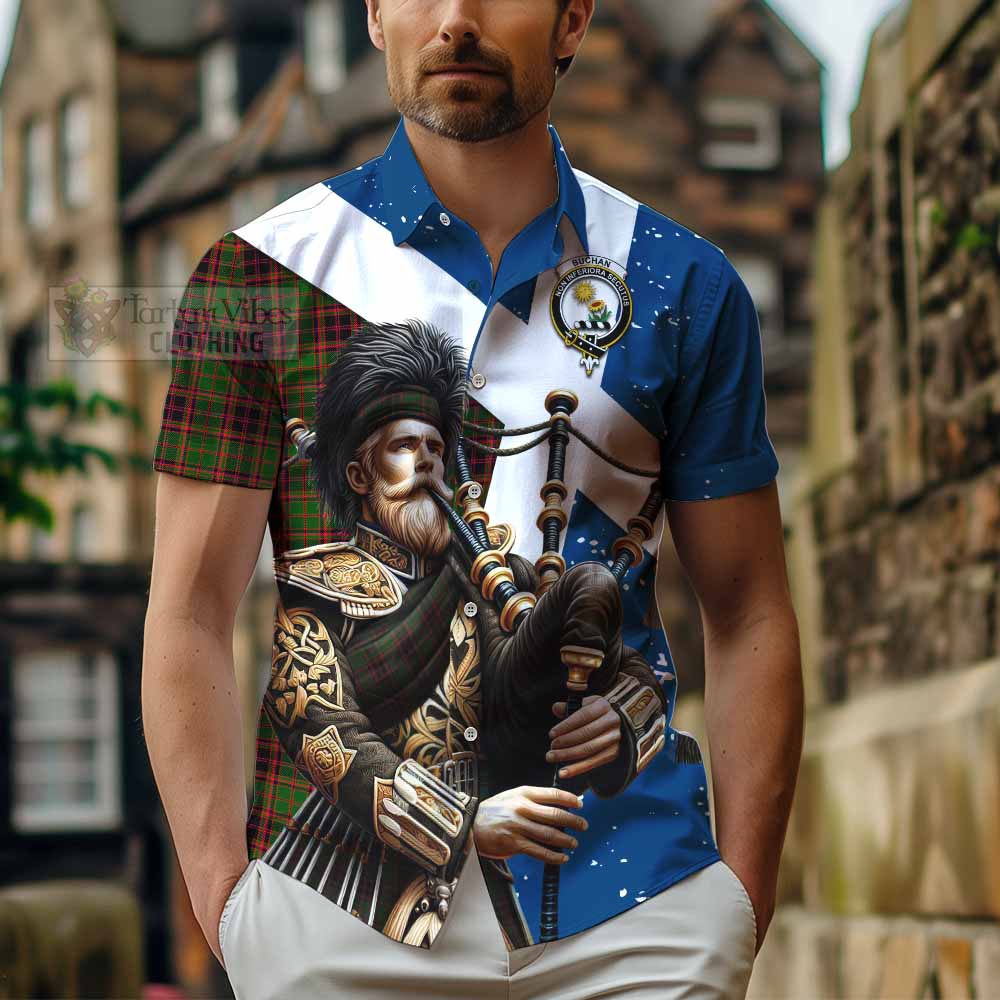 Tartan Vibes Clothing Buchan Tartan Short Sleeve Button Shirt with Family Crest Scottish Bagpiper Vibes