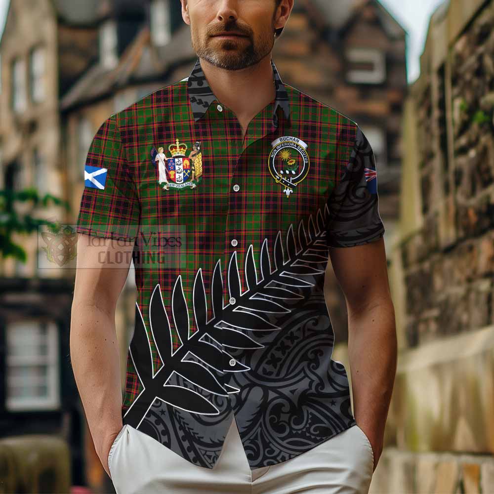 Tartan Vibes Clothing Buchan Crest Tartan Short Sleeve Button Shirt with New Zealand Silver Fern Half Style