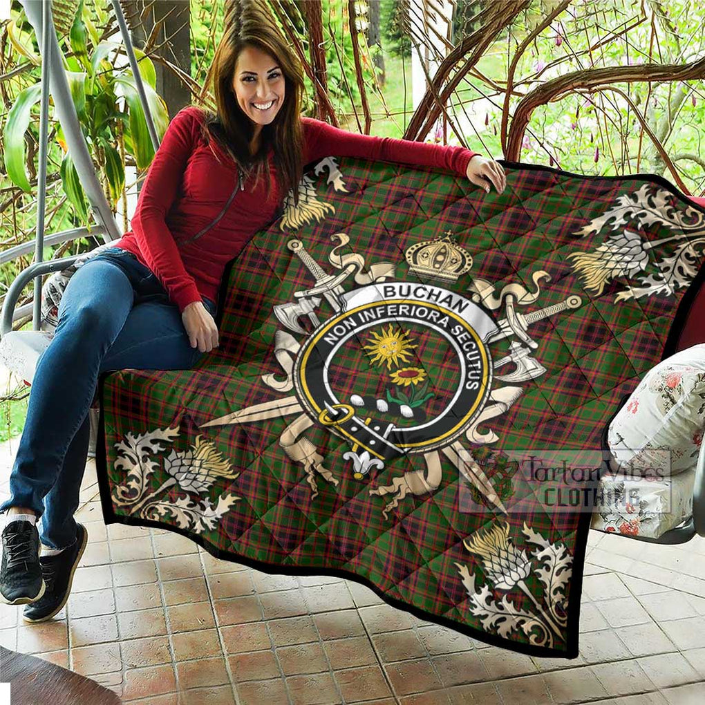 Tartan Vibes Clothing Buchan Tartan Quilt with Family Crest and Scottish Golden Courage Shield