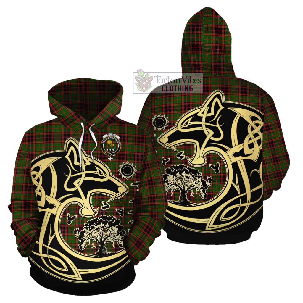 Tartan Vibes Clothing Buchan Tartan Cotton Hoodie with Family Crest Celtic Wolf Style