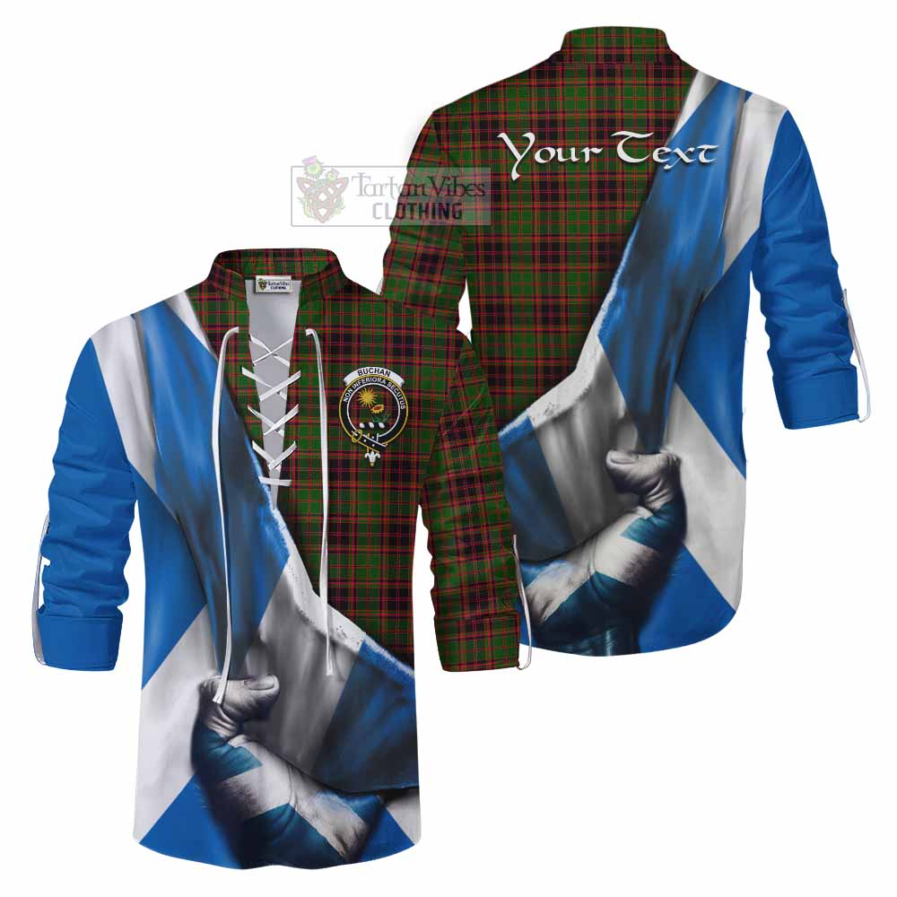 Tartan Vibes Clothing Buchan Tartan Ghillie Kilt Shirt with Family Crest Scotland Patriotic Style