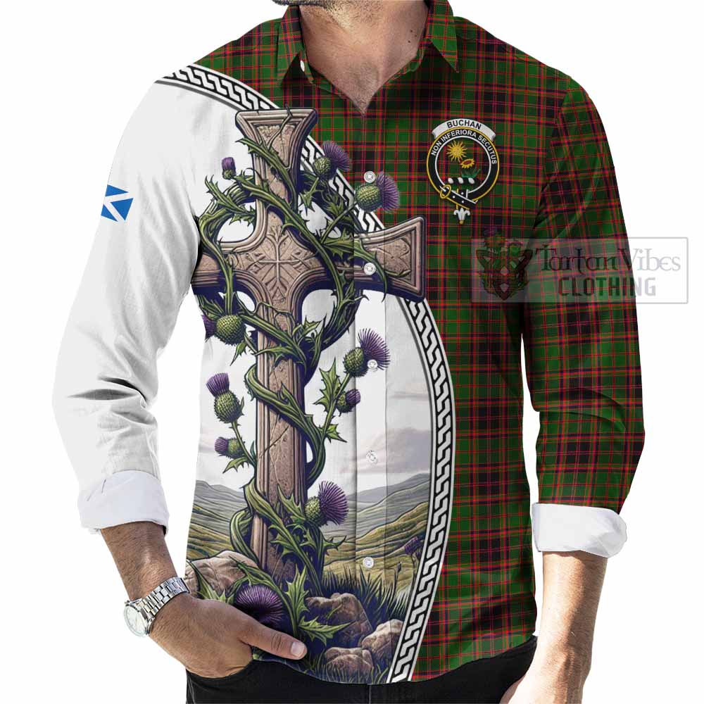 Tartan Vibes Clothing Buchan Tartan Long Sleeve Button Shirt with Family Crest and St. Andrew's Cross Accented by Thistle Vines