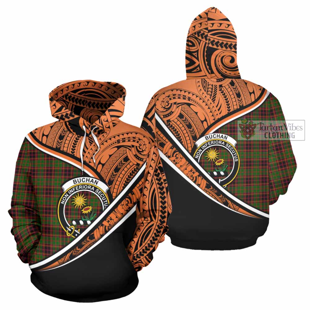 Tartan Vibes Clothing Buchan Crest Tartan Hoodie with Maori Tattoo Style - Orange Version