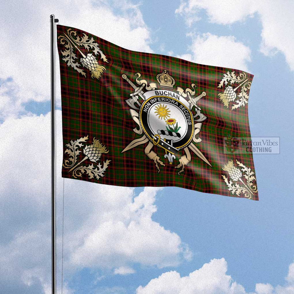 Tartan Vibes Clothing Buchan Tartan Flag with Family Crest and Golden Thistle Crossed Sword Design