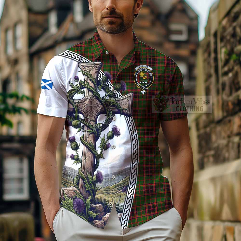 Tartan Vibes Clothing Buchan Tartan Short Sleeve Button Shirt with Family Crest and St. Andrew's Cross Accented by Thistle Vines