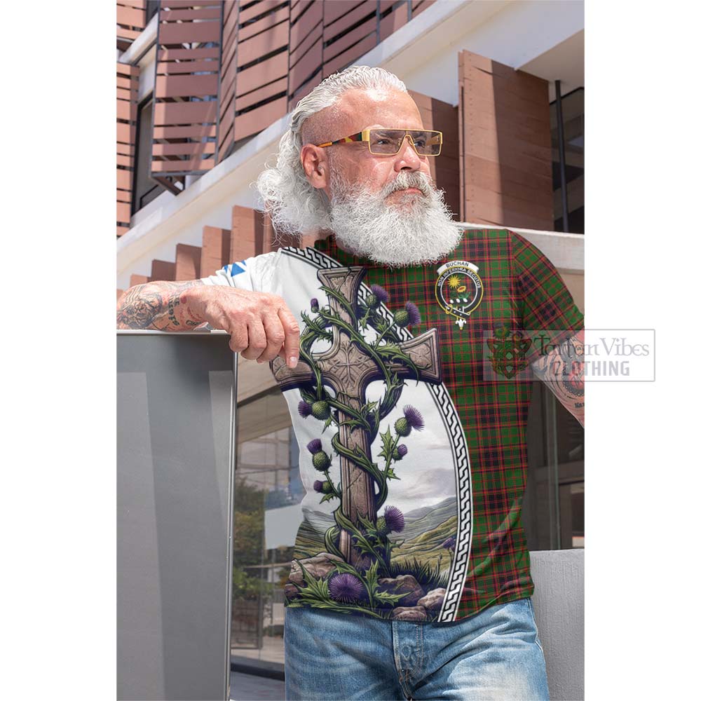 Tartan Vibes Clothing Buchan Tartan Cotton T-shirt with Family Crest and St. Andrew's Cross Accented by Thistle Vines