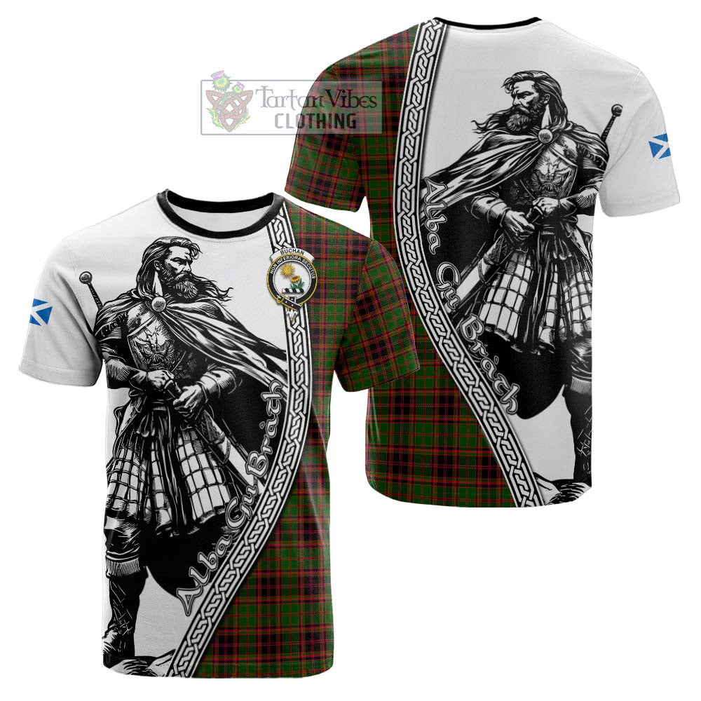 Buchan Tartan Clan Crest Cotton T-shirt with Highlander Warrior Celtic Style