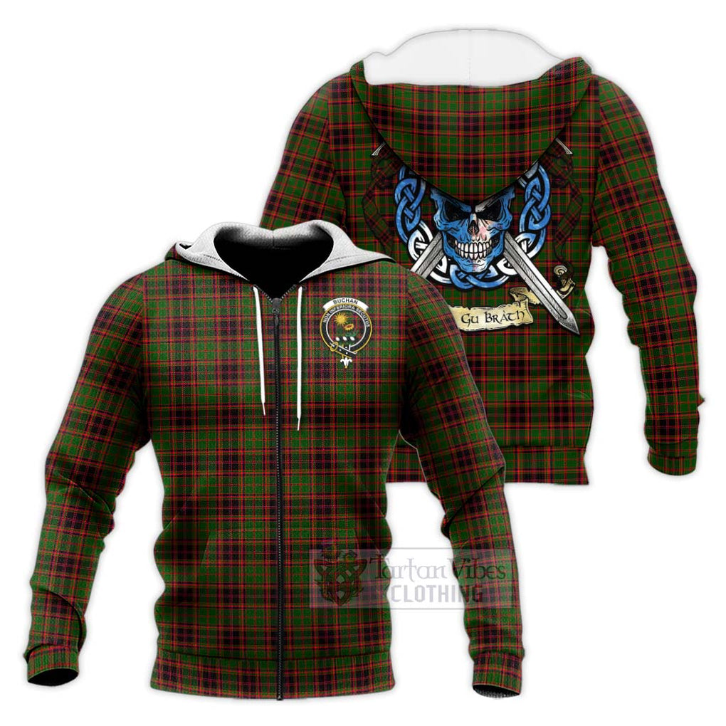 Tartan Vibes Clothing Buchan Tartan Knitted Hoodie with Family Crest Celtic Skull Style