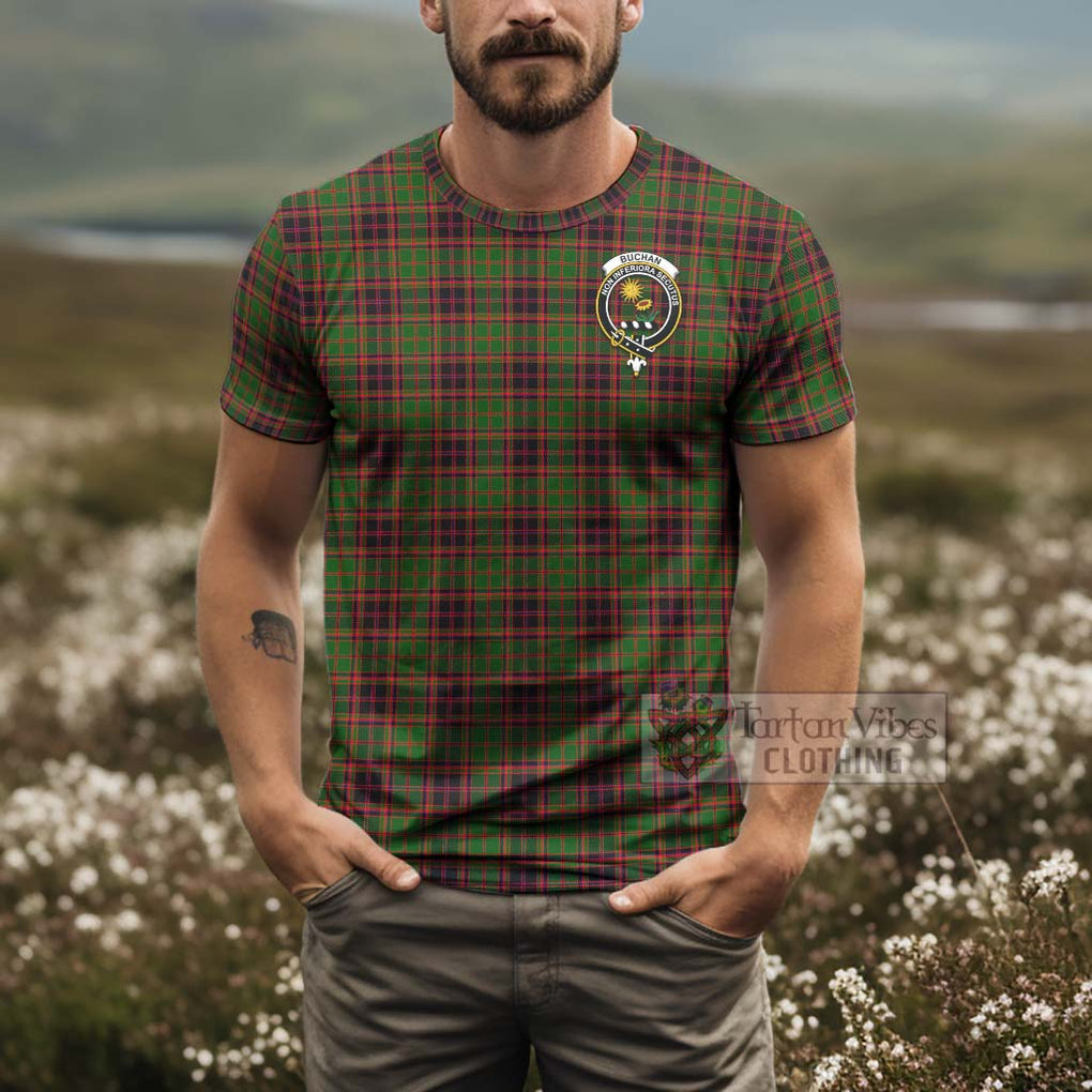 Tartan Vibes Clothing Buchan Tartan T-Shirt with Family Crest and Bearded Skull Holding Bottles of Whiskey