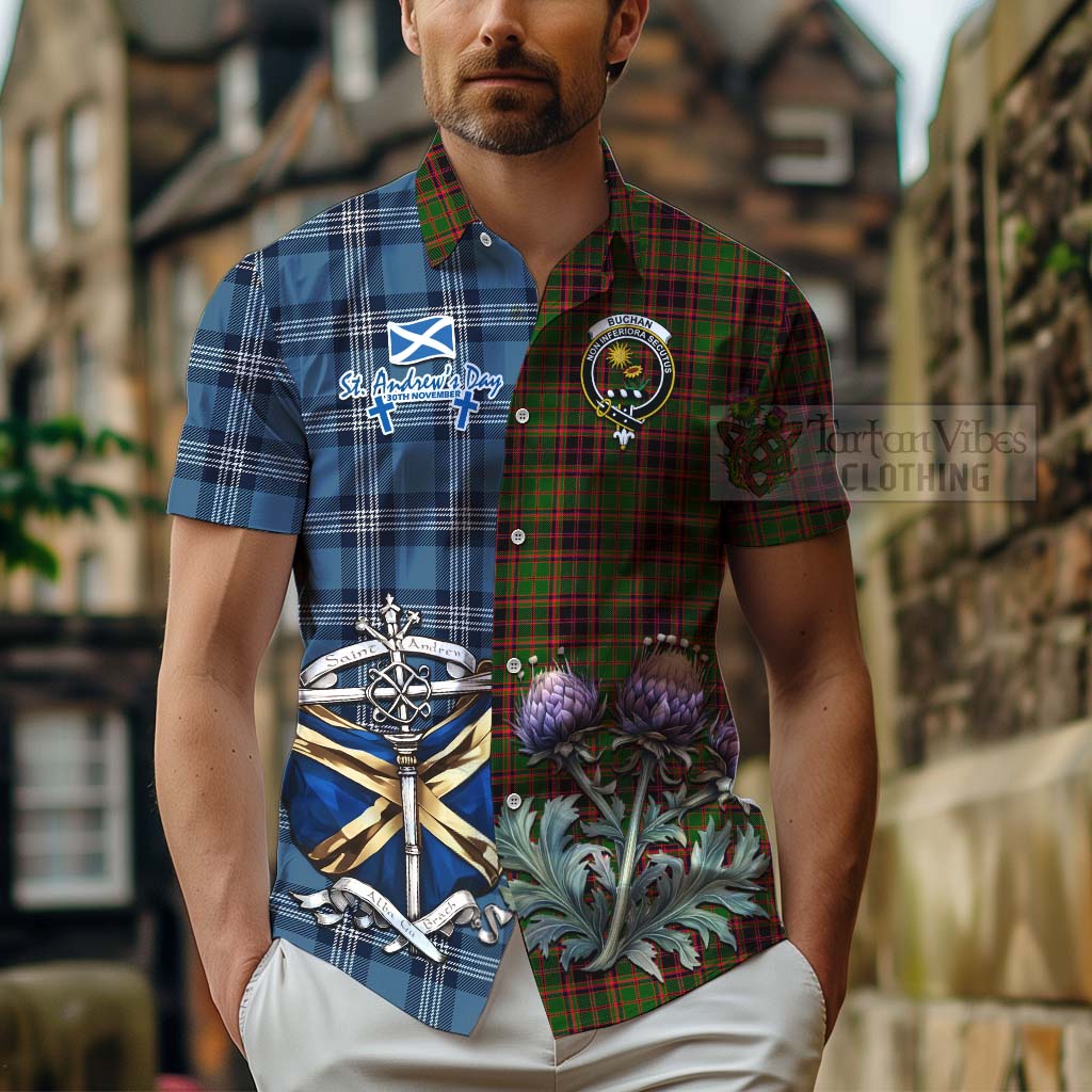 Tartan Vibes Clothing Buchan Tartan Short Sleeve Button Shirt Happy St. Andrew's Day Half Tartan Style