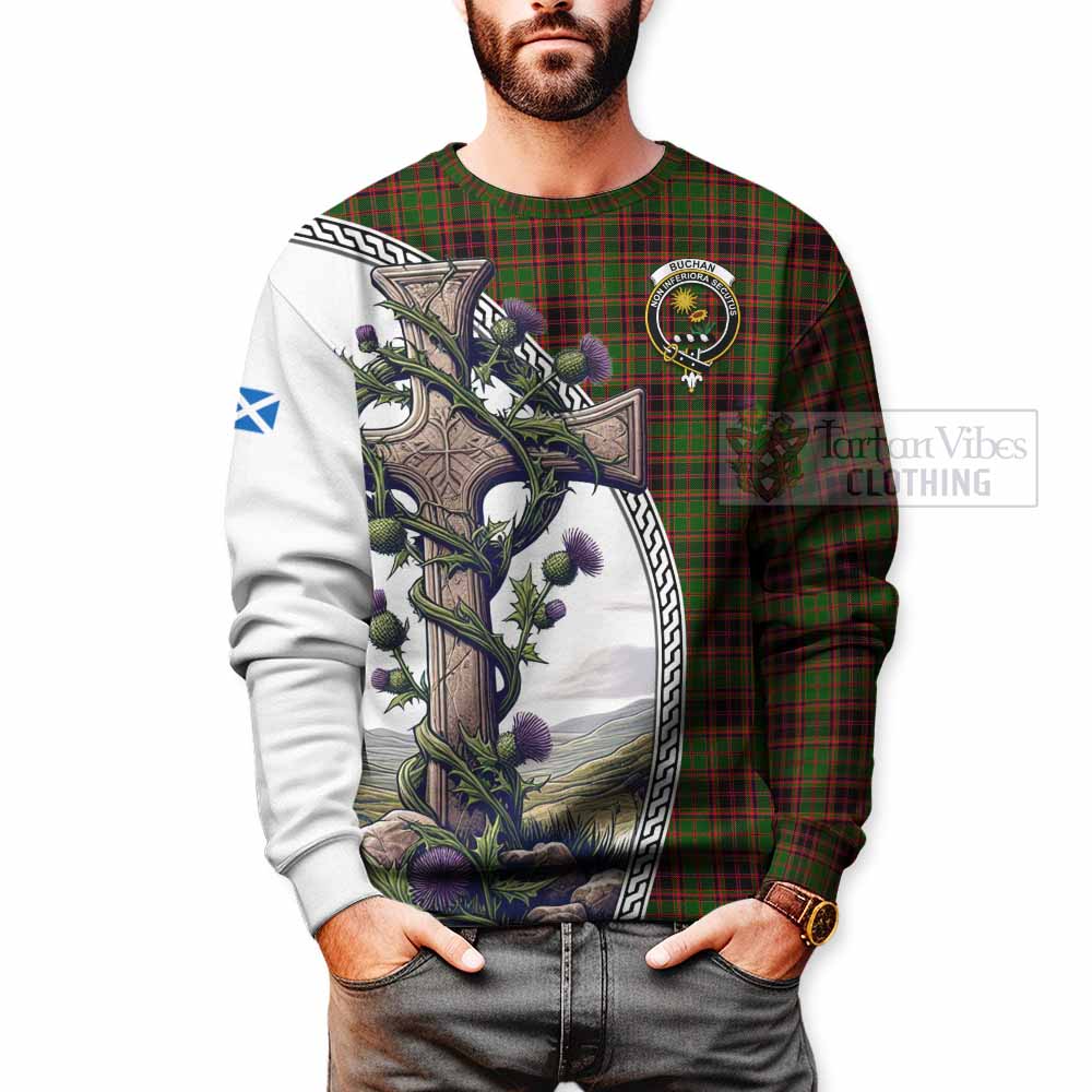 Tartan Vibes Clothing Buchan Tartan Sweatshirt with Family Crest and St. Andrew's Cross Accented by Thistle Vines