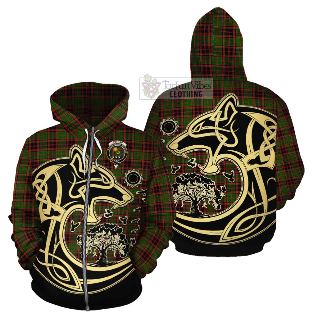 Tartan Vibes Clothing Buchan Tartan Cotton Hoodie with Family Crest Celtic Wolf Style