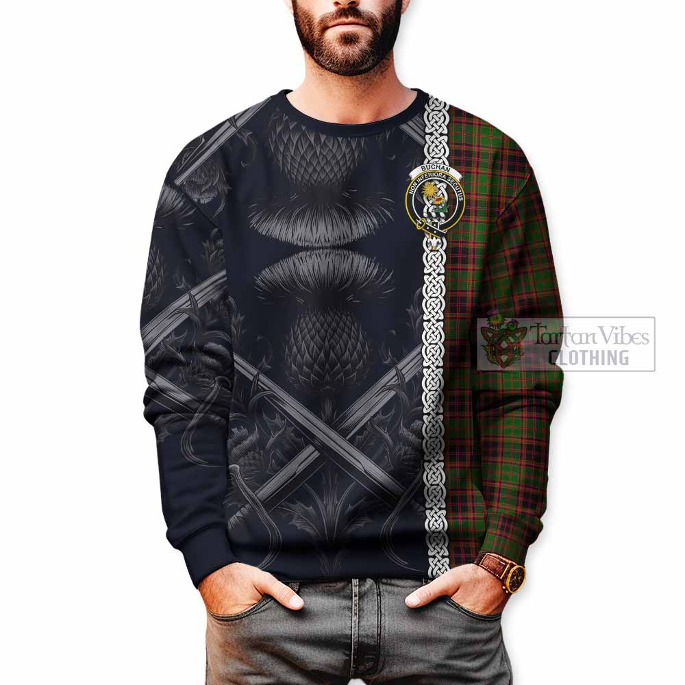 Tartan Vibes Clothing Buchan Tartan Sweatshirt with Family Crest Cross Sword Thistle Celtic Vibes