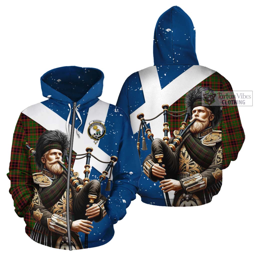 Tartan Vibes Clothing Buchan Tartan Cotton Hoodie with Family Crest Scottish Bagpiper Vibes