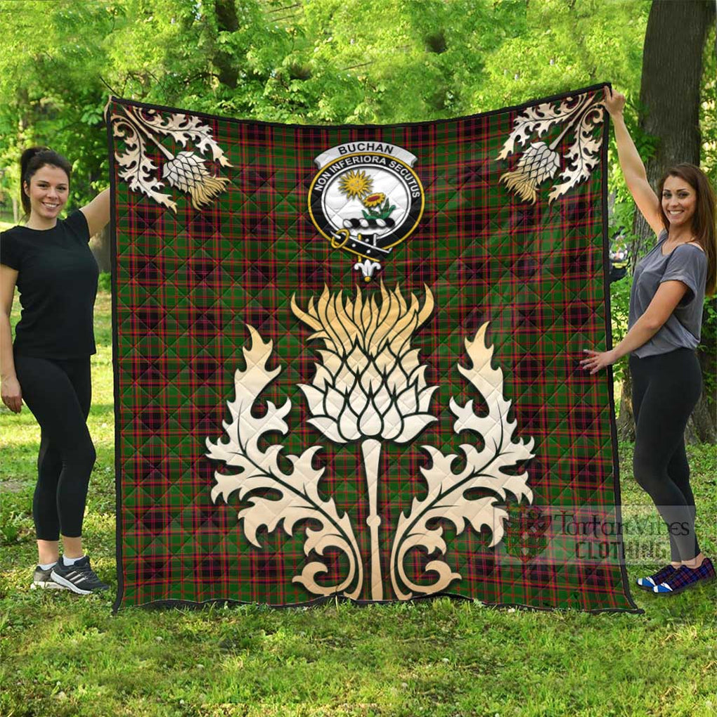 Tartan Vibes Clothing Buchan Tartan Quilt with Family Crest and Golden Thistle Style