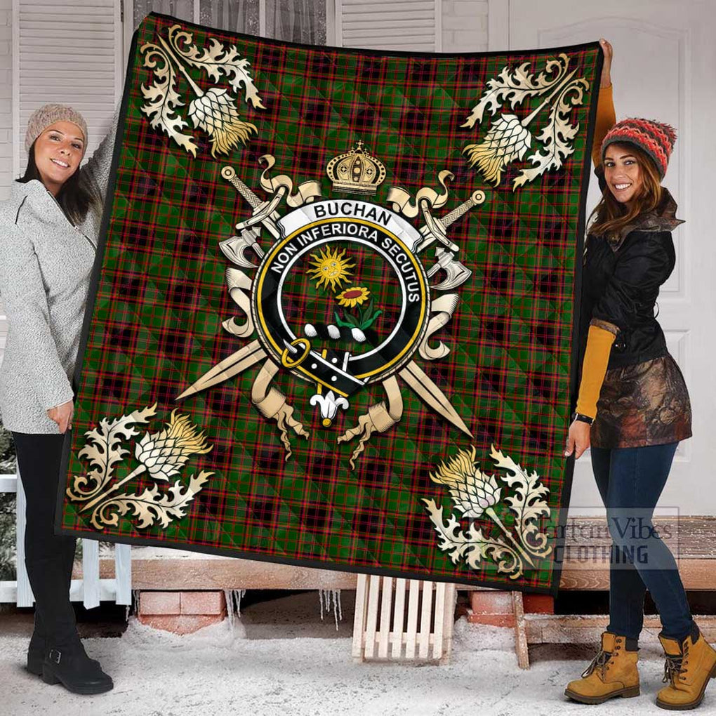 Tartan Vibes Clothing Buchan Tartan Quilt with Family Crest and Scottish Golden Courage Shield