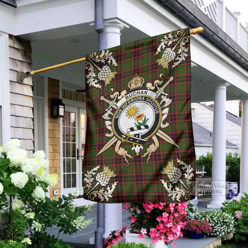 Tartan Vibes Clothing Buchan Tartan Flag with Family Crest and Golden Thistle Crossed Sword Design