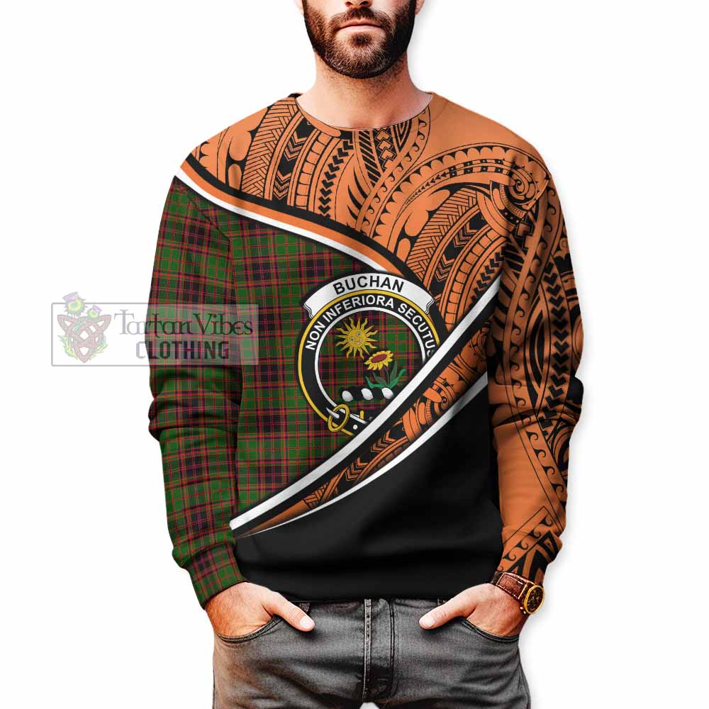 Tartan Vibes Clothing Buchan Crest Tartan Sweatshirt with Maori Tattoo Style - Orange Version