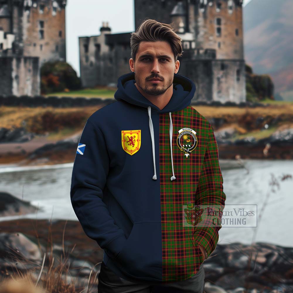 Tartan Vibes Clothing Buchan Tartan Cotton Hoodie Alba with Scottish Lion Royal Arm Half Style