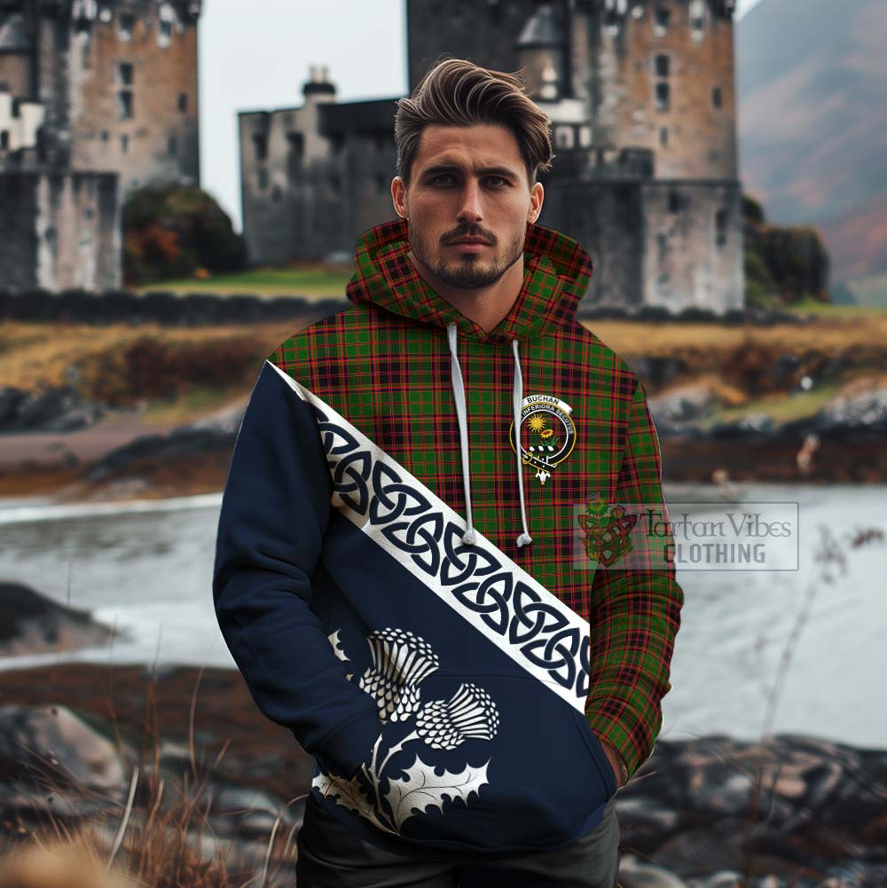 Tartan Vibes Clothing Buchan Tartan Cotton Hoodie Featuring Thistle and Scotland Map