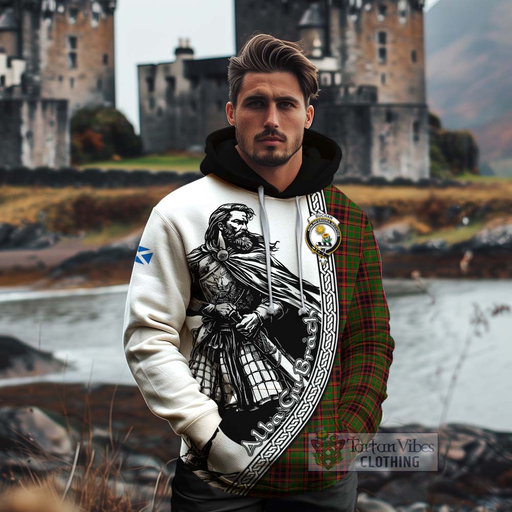 Tartan Vibes Clothing Buchan Tartan Clan Crest Cotton Hoodie with Highlander Warrior Celtic Style