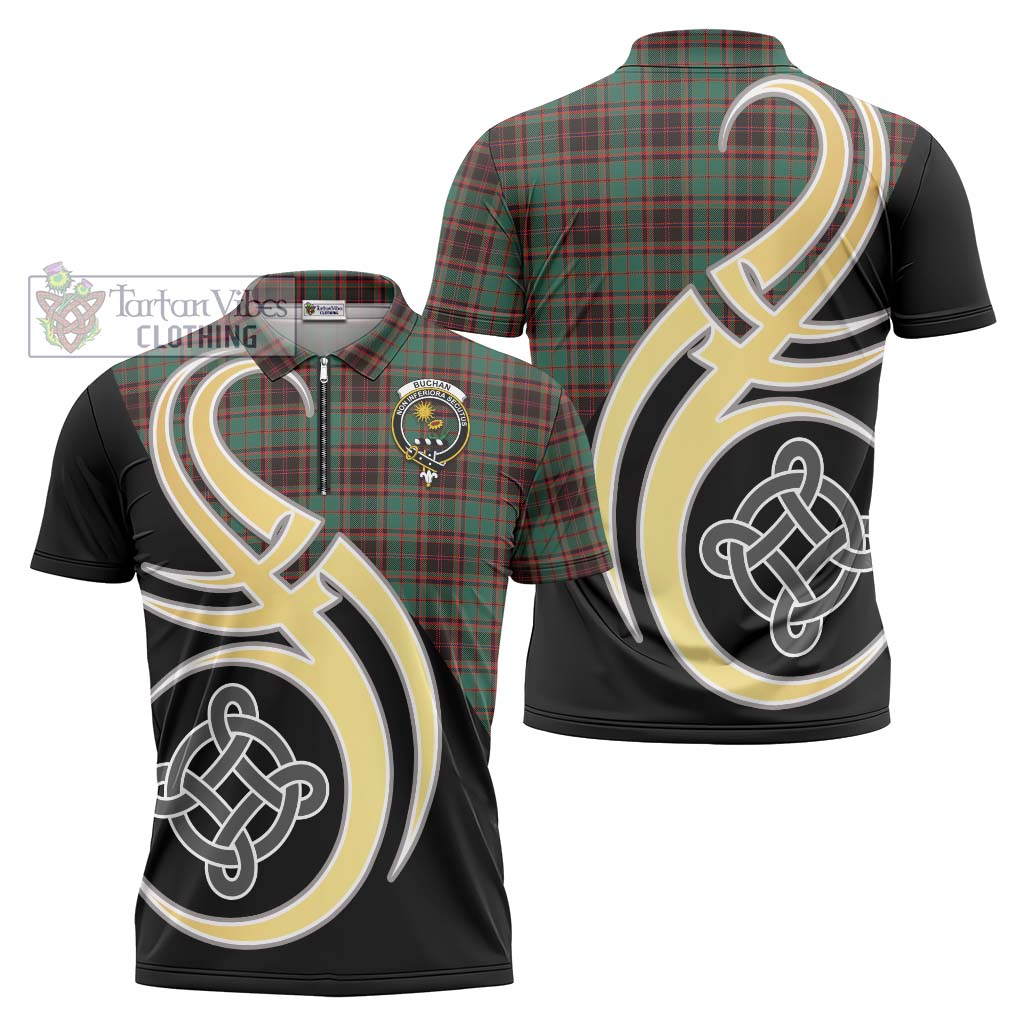 Tartan Vibes Clothing Buchan Ancient Tartan Zipper Polo Shirt with Family Crest and Celtic Symbol Style