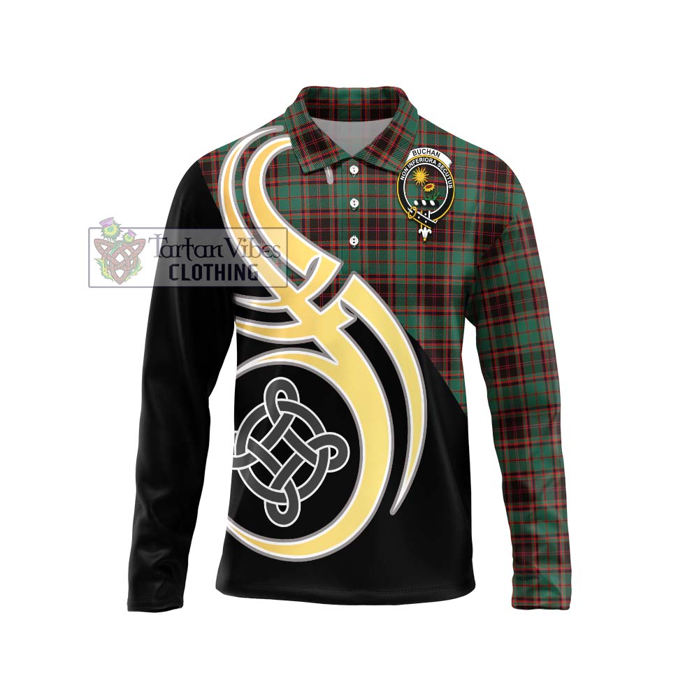 Buchan Ancient Tartan Long Sleeve Polo Shirt with Family Crest and Celtic Symbol Style Unisex - Tartan Vibes Clothing