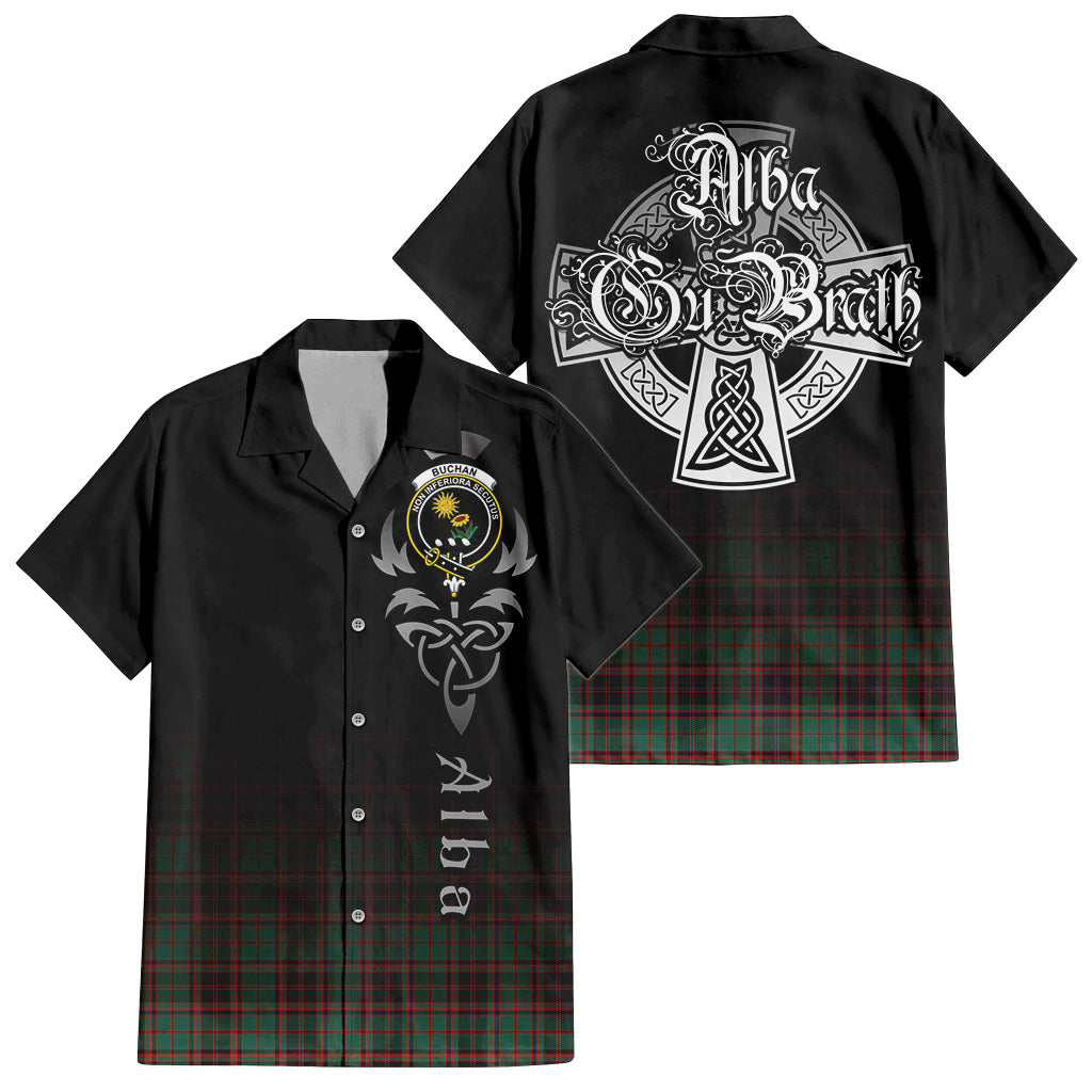 Tartan Vibes Clothing Buchan Ancient Tartan Short Sleeve Button Up Featuring Alba Gu Brath Family Crest Celtic Inspired