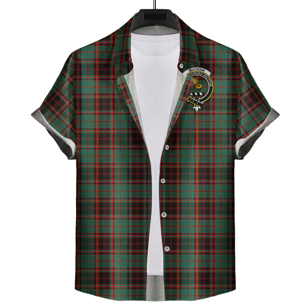 Buchan Ancient Tartan Short Sleeve Button Down Shirt with Family Crest - Tartanvibesclothing