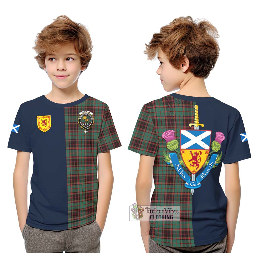 Tartan Vibes Clothing Buchan Ancient Tartan Kid T-Shirt with Scottish Lion Royal Arm Half Style