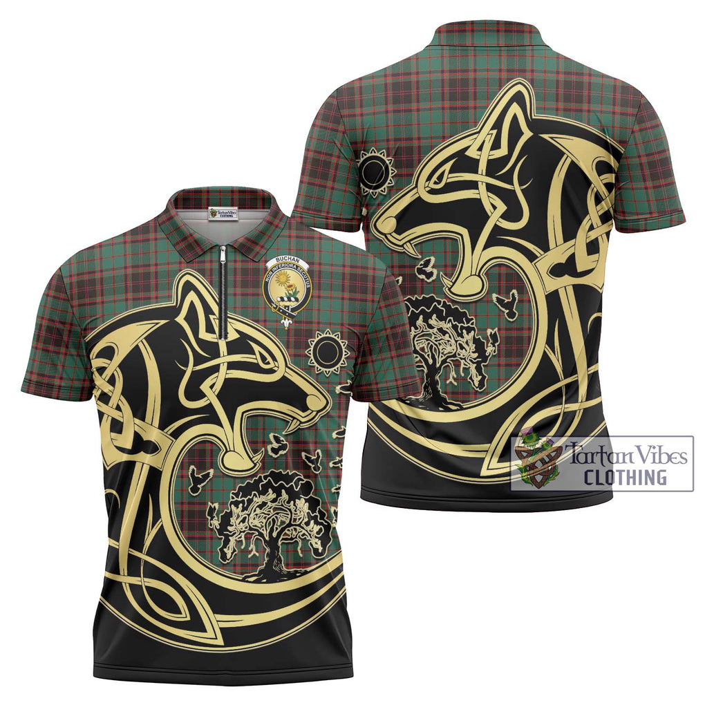 Buchan Ancient Tartan Zipper Polo Shirt with Family Crest Celtic Wolf Style Unisex - Tartanvibesclothing Shop