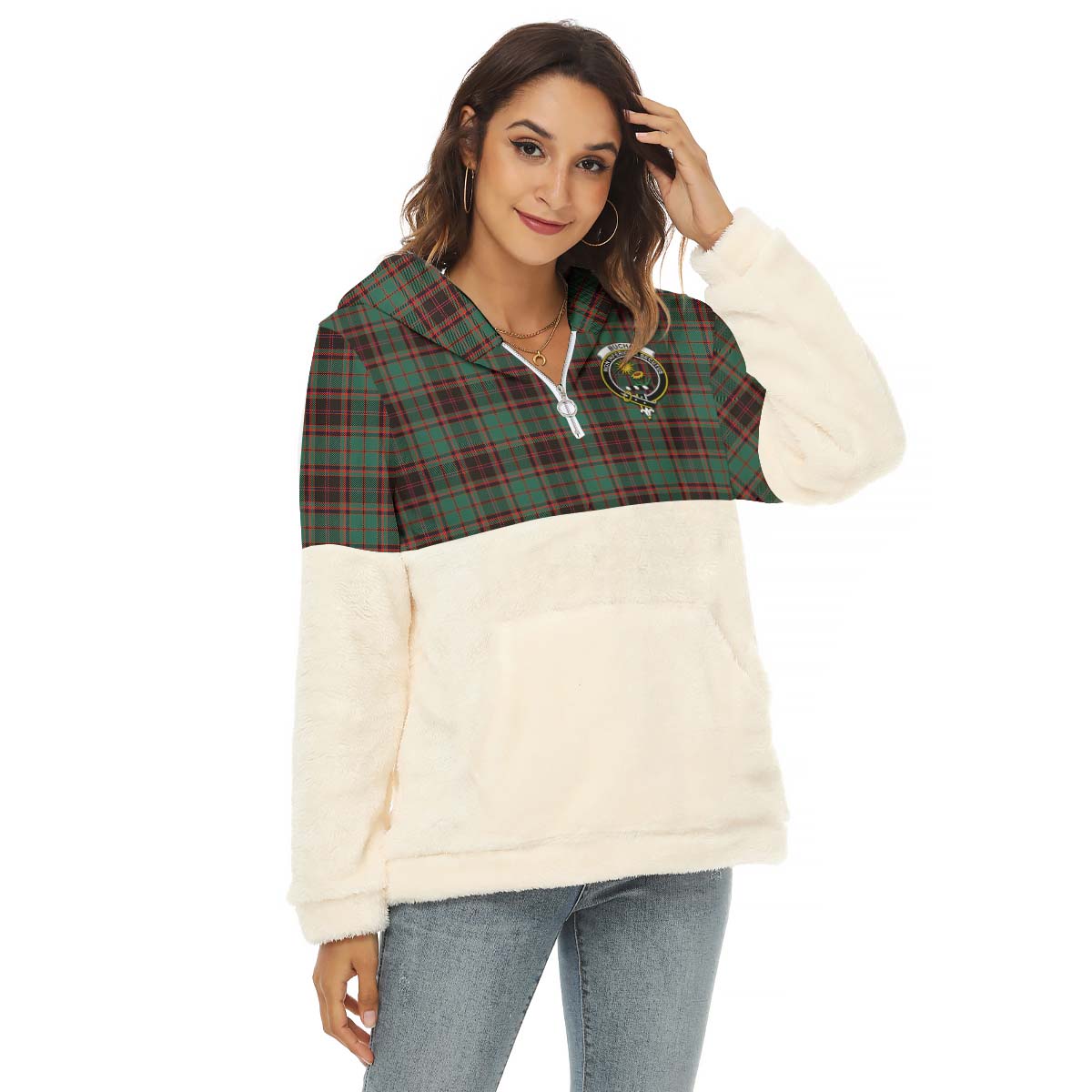 Buchan Ancient Tartan Women's Borg Fleece Hoodie With Half Zip with Family Crest Female - Tartan Vibes Clothing