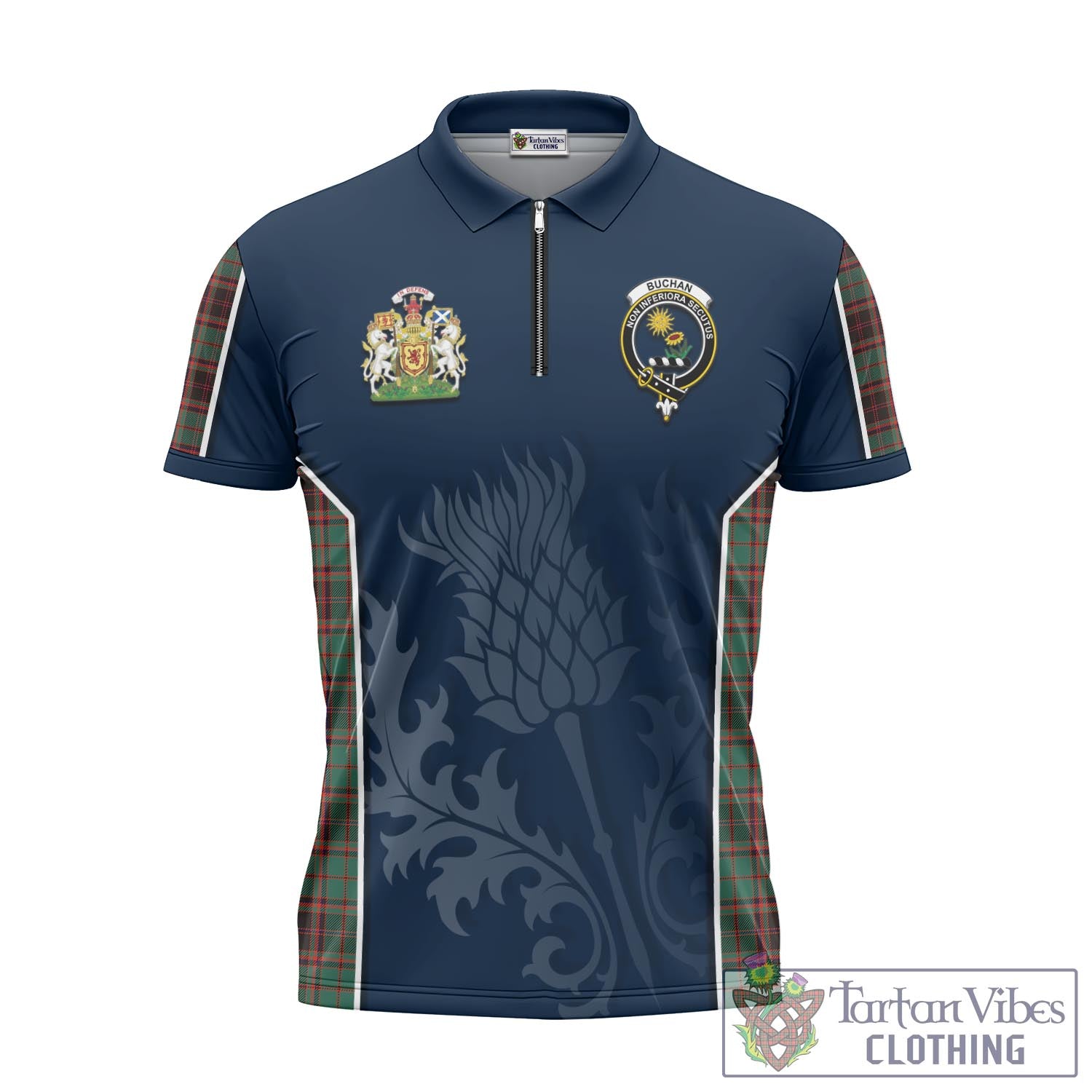 Tartan Vibes Clothing Buchan Ancient Tartan Zipper Polo Shirt with Family Crest and Scottish Thistle Vibes Sport Style