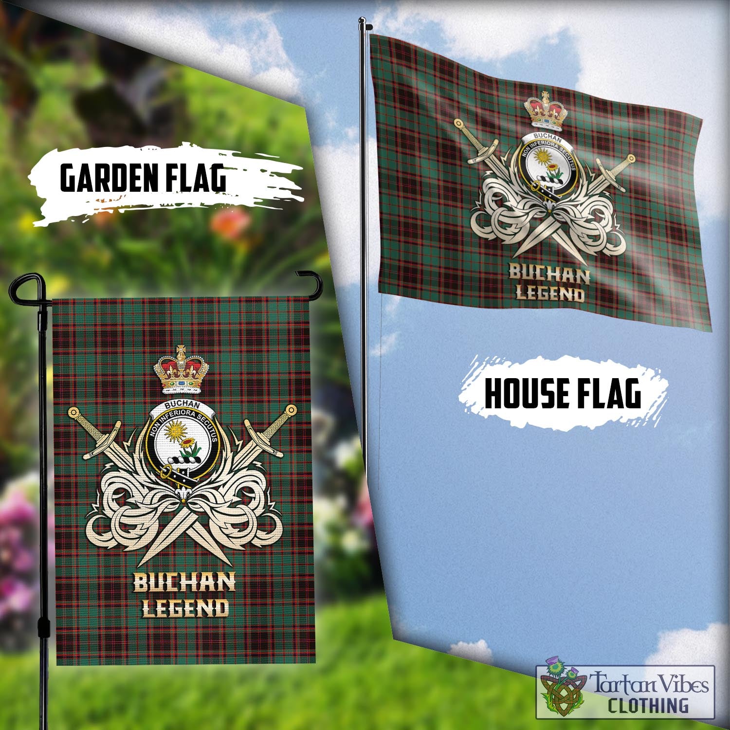 Tartan Vibes Clothing Buchan Ancient Tartan Flag with Clan Crest and the Golden Sword of Courageous Legacy