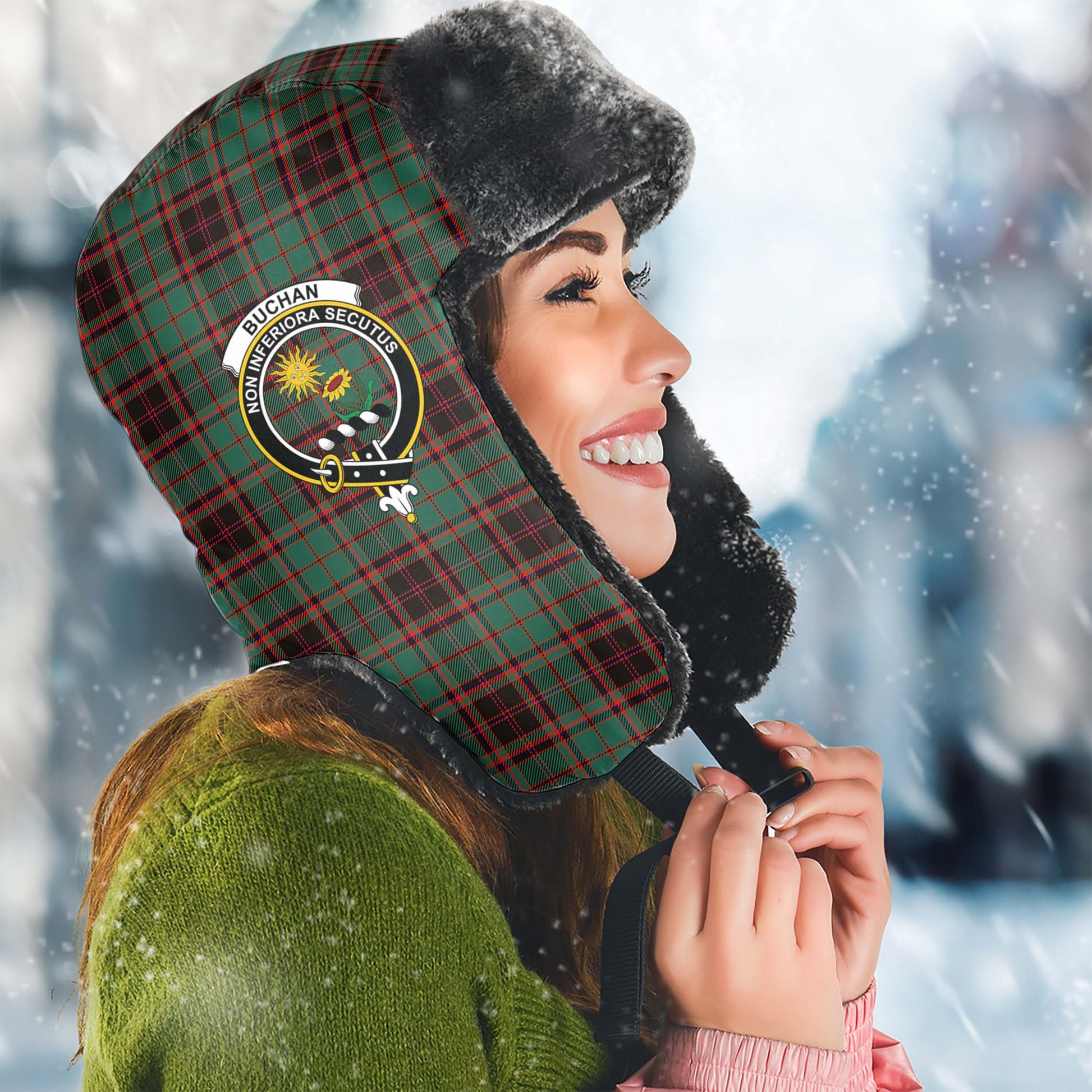 Buchan Ancient Tartan Winter Trapper Hat with Family Crest Winter Trapper Hat Universal Fit Circumference 22.8in (58cm) - Tartanvibesclothing