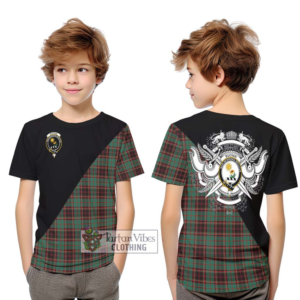 Buchan Ancient Tartan Kid T-Shirt with Family Crest and Military Logo Style Youth XL Size14 - Tartanvibesclothing Shop