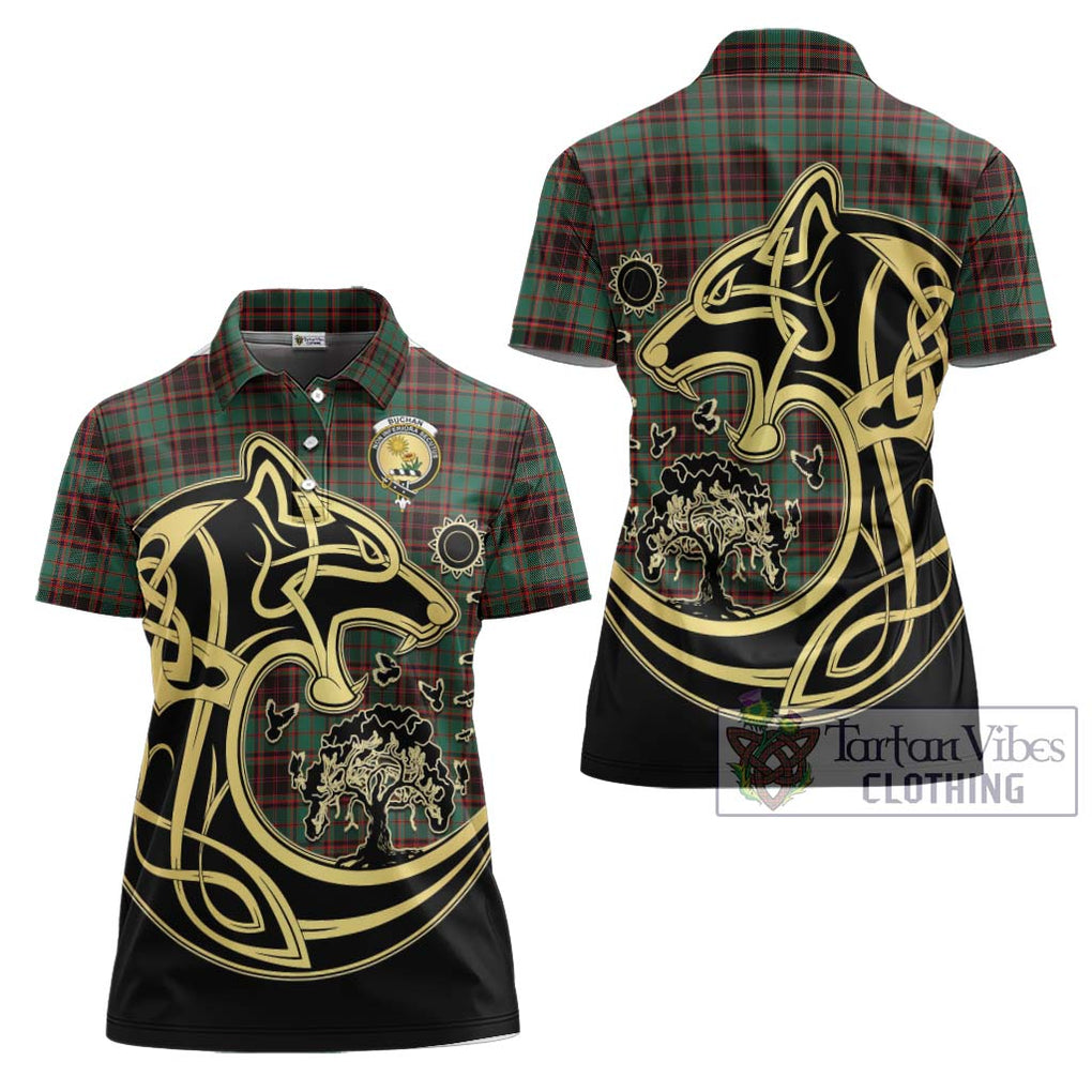 Buchan Ancient Tartan Women's Polo Shirt with Family Crest Celtic Wolf Style Women - Tartanvibesclothing Shop