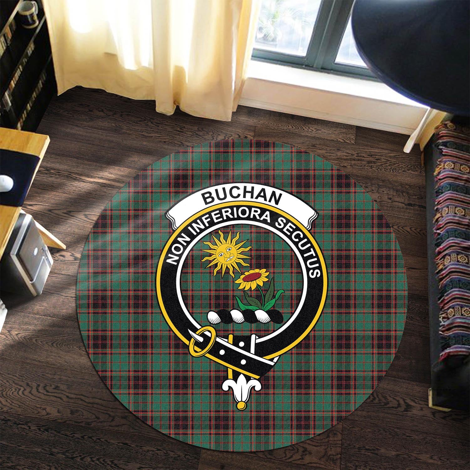 Buchan Ancient Tartan Round Rug with Family Crest - Tartanvibesclothing