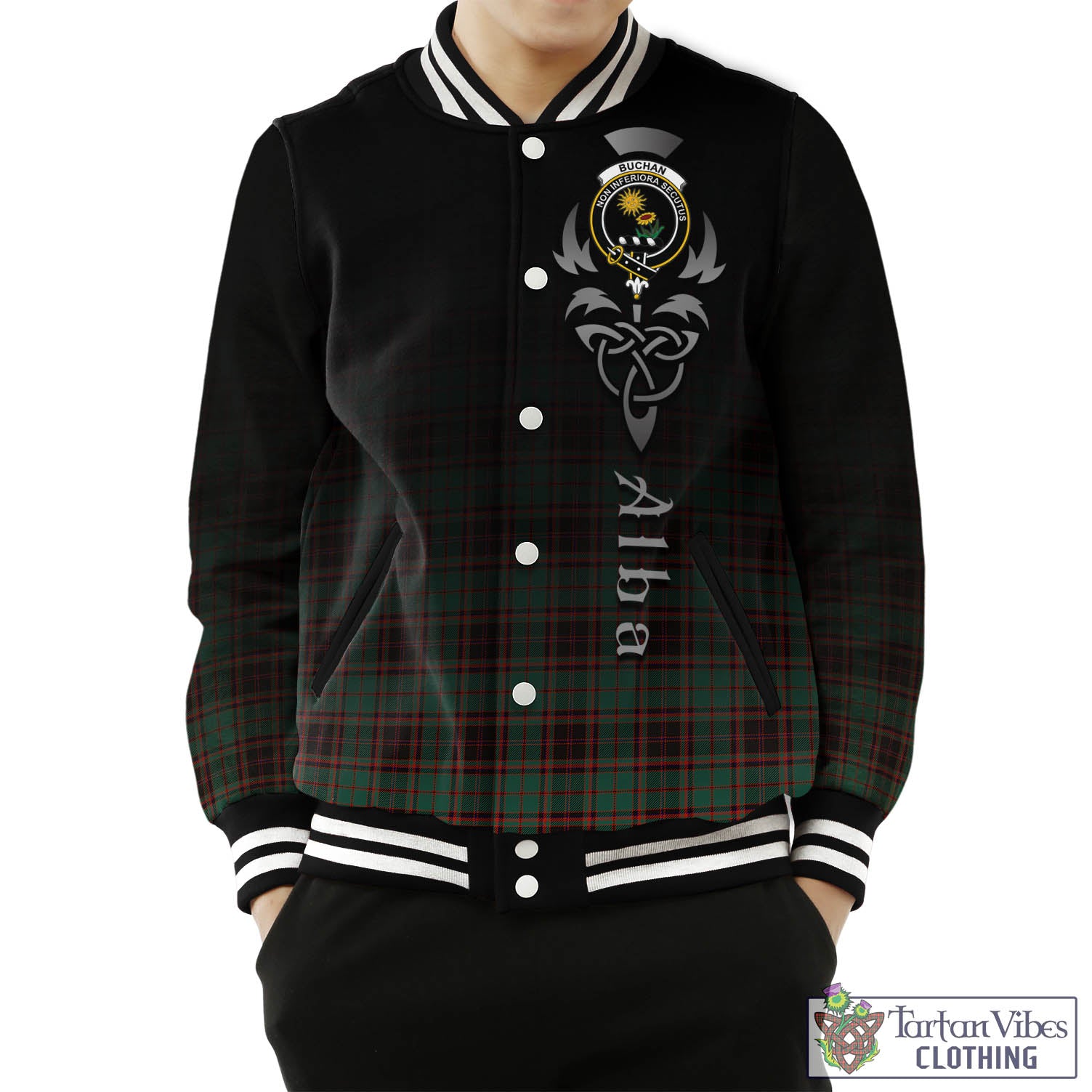 Tartan Vibes Clothing Buchan Ancient Tartan Baseball Jacket Featuring Alba Gu Brath Family Crest Celtic Inspired