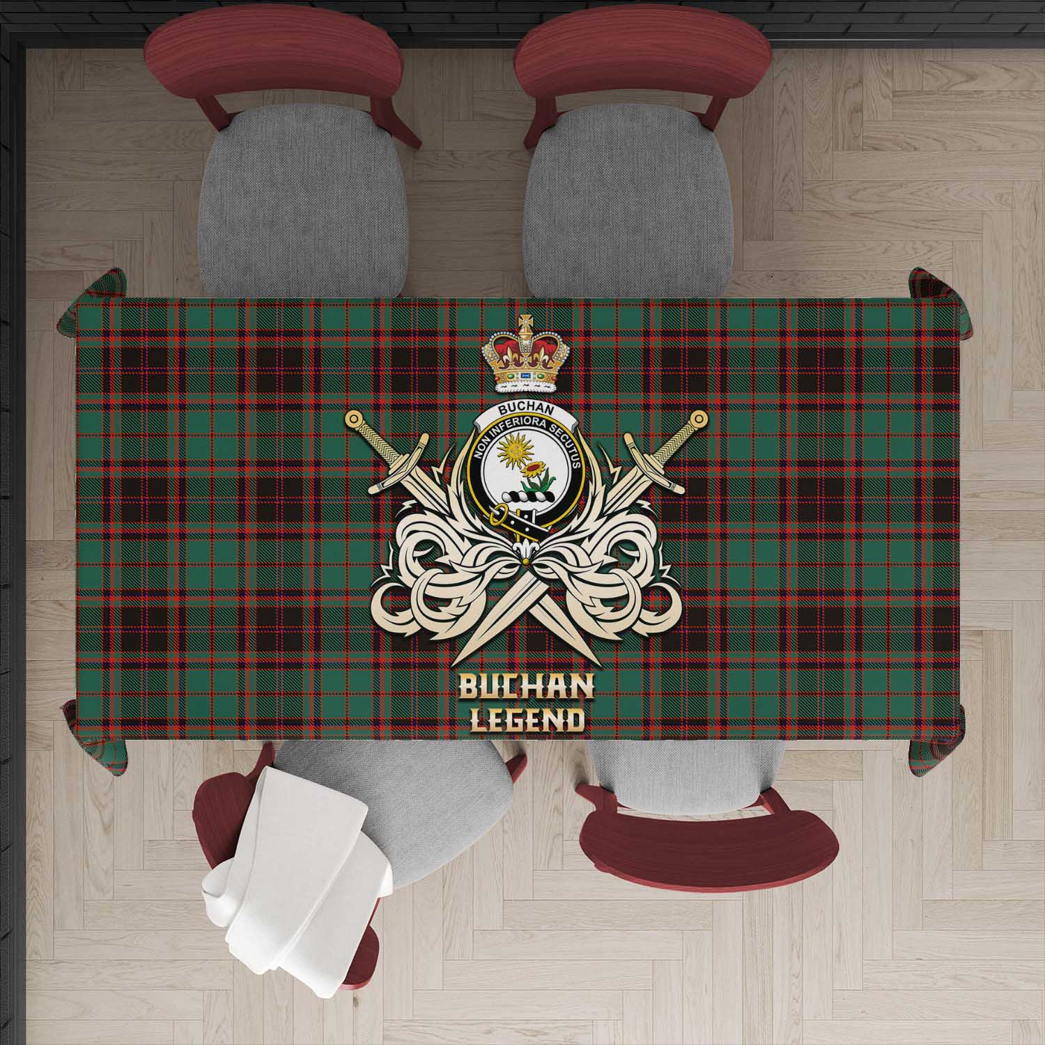 Tartan Vibes Clothing Buchan Ancient Tartan Tablecloth with Clan Crest and the Golden Sword of Courageous Legacy