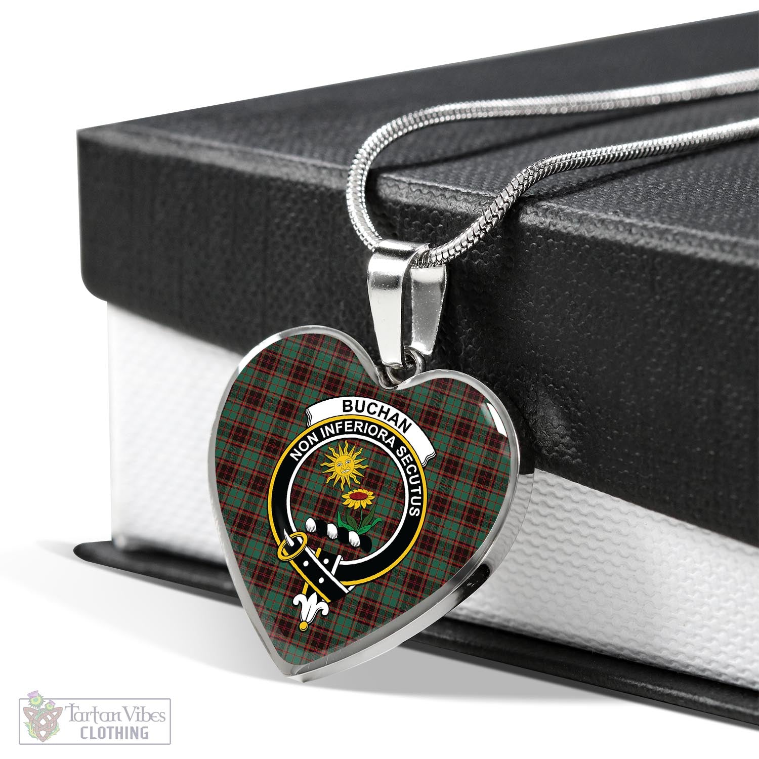 Tartan Vibes Clothing Buchan Ancient Tartan Heart Necklace with Family Crest