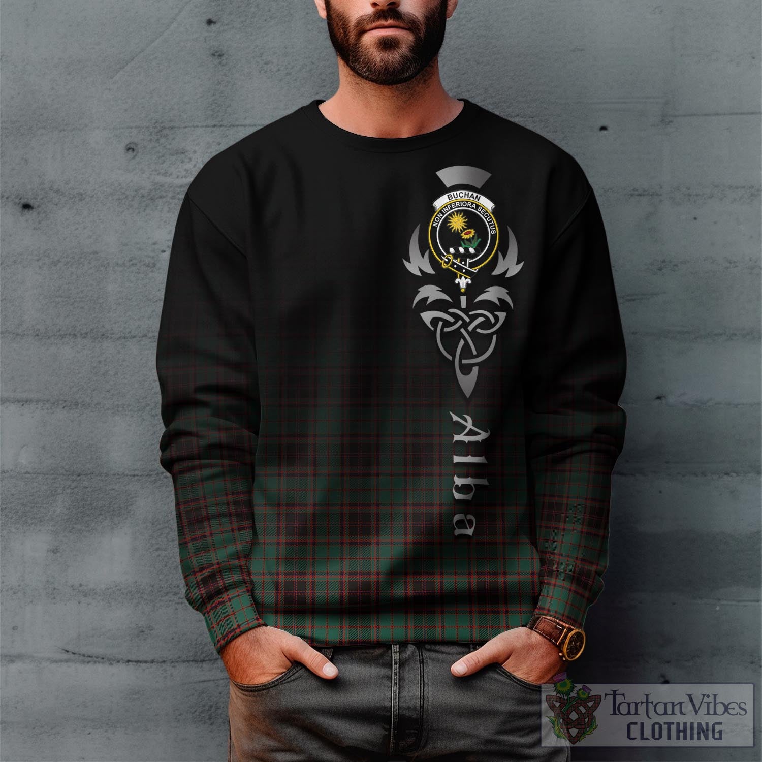 Tartan Vibes Clothing Buchan Ancient Tartan Sweatshirt Featuring Alba Gu Brath Family Crest Celtic Inspired