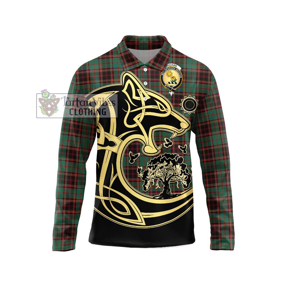 Buchan Ancient Tartan Long Sleeve Polo Shirt with Family Crest Celtic Wolf Style Unisex - Tartanvibesclothing Shop