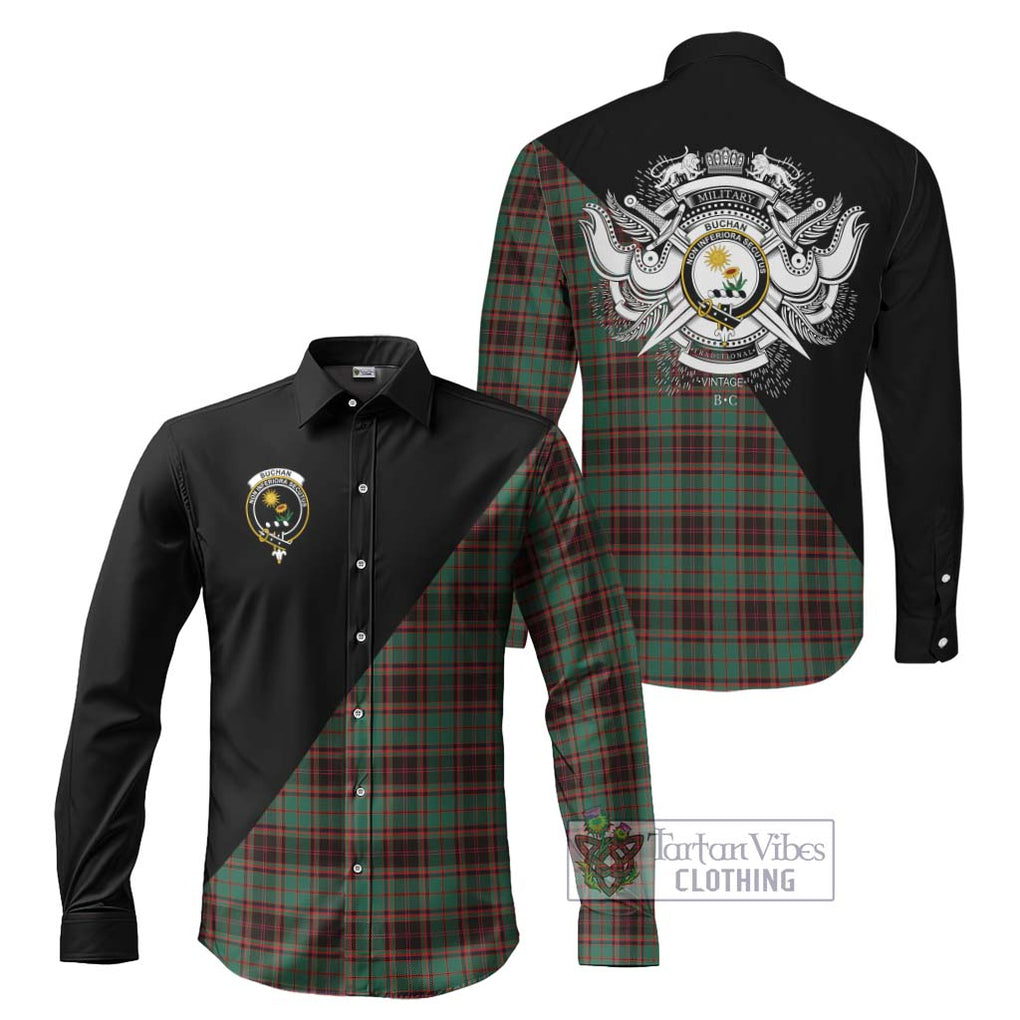 Buchan Ancient Tartan Long Sleeve Button Shirt with Family Crest and Military Logo Style Men's Shirt S - Tartanvibesclothing Shop