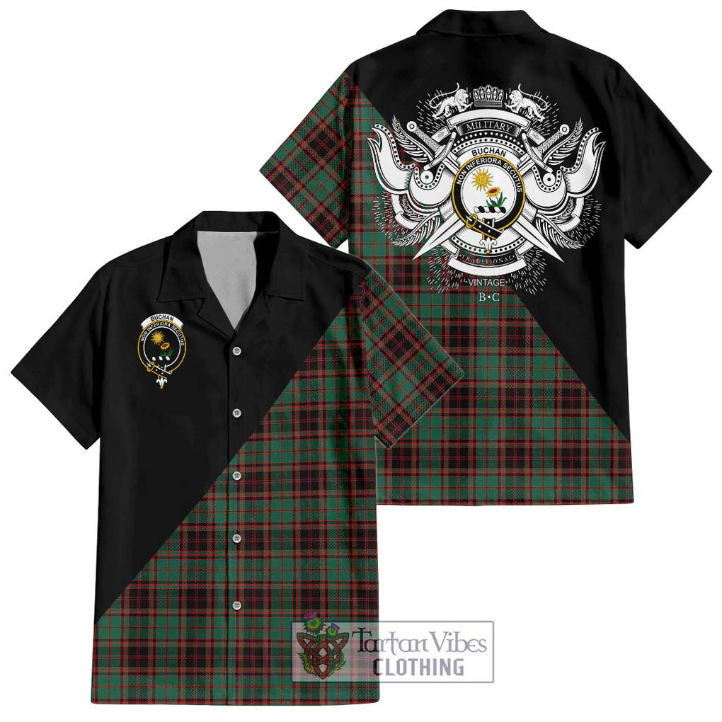 Buchan Ancient Tartan Short Sleeve Button Shirt with Family Crest and Military Logo Style Kid - Tartanvibesclothing Shop