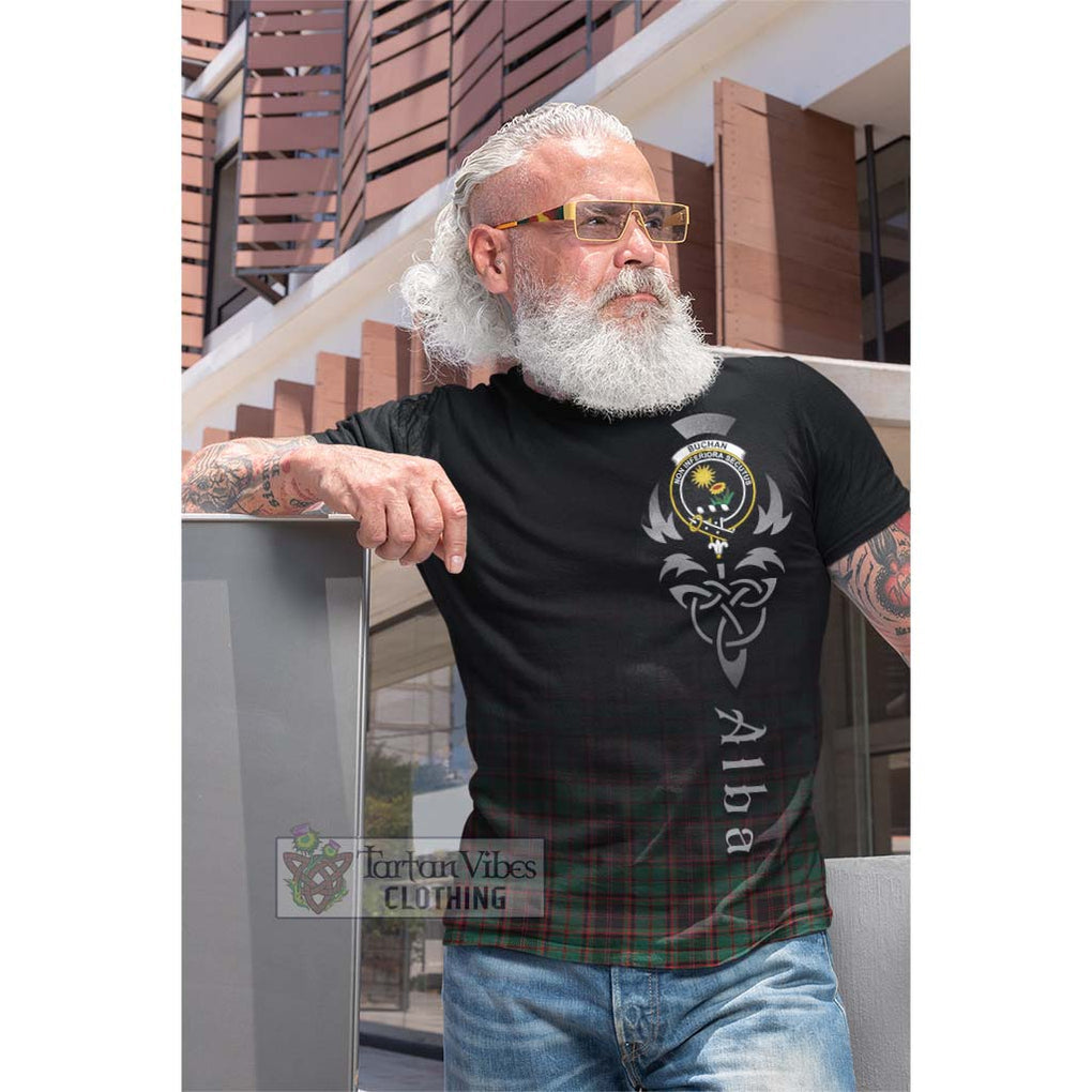 Tartan Vibes Clothing Buchan Ancient Tartan Cotton T-shirt Featuring Alba Gu Brath Family Crest Celtic Inspired