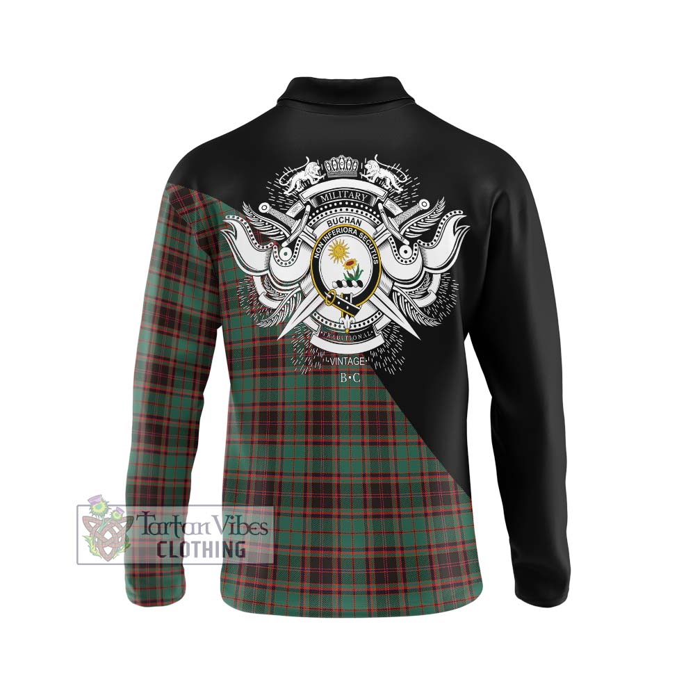 Buchan Ancient Tartan Long Sleeve Polo Shirt with Family Crest and Military Logo Style - Tartanvibesclothing Shop