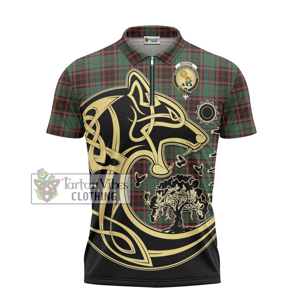 Buchan Ancient Tartan Zipper Polo Shirt with Family Crest Celtic Wolf Style - Tartanvibesclothing Shop